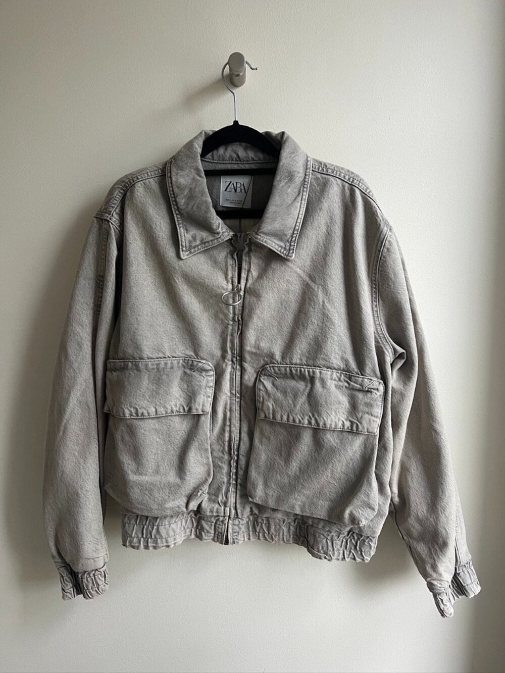 Zara Men's Gray Denim Zip Up Bomber Jacket Size Small